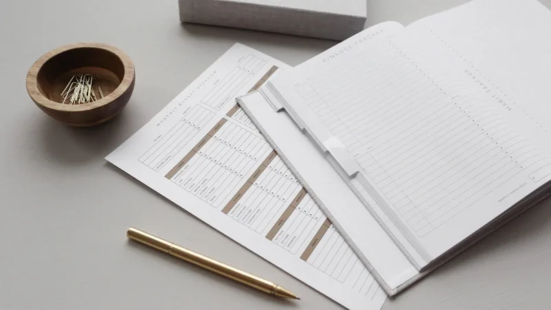 A finance tracker planner with budget sheets, a gold pen, and paper clips